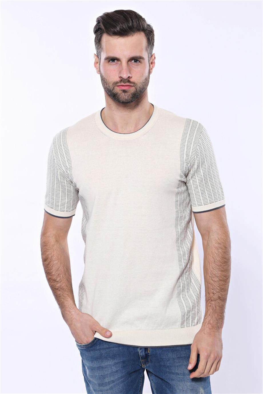 Bisiklet Yaka Kenarları Desenli Krem Örme T-shirt | Wessi