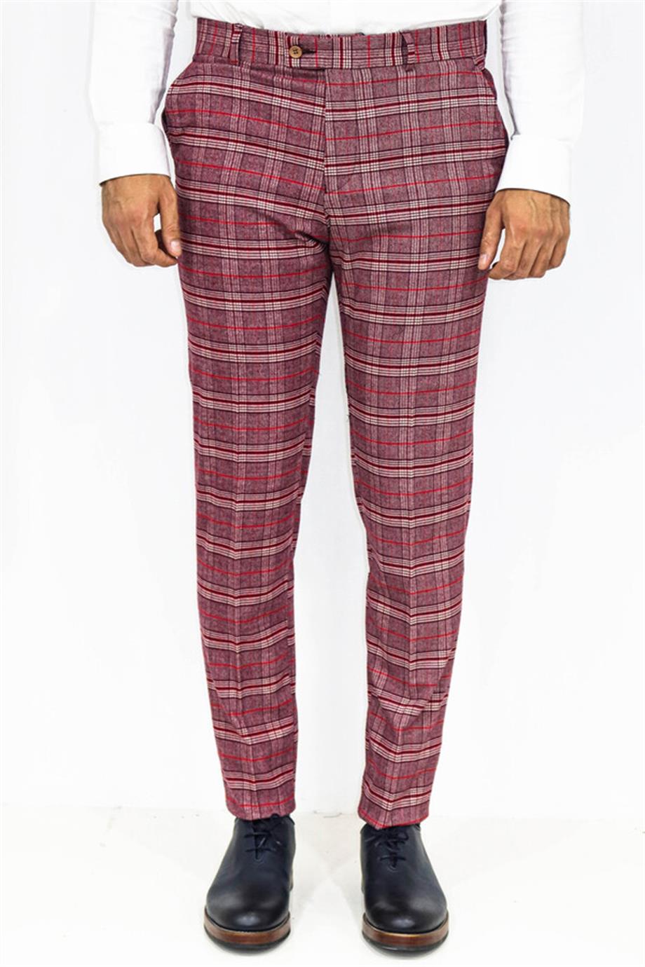 Bordo Ekose Desenli Slim Fit Pantolon