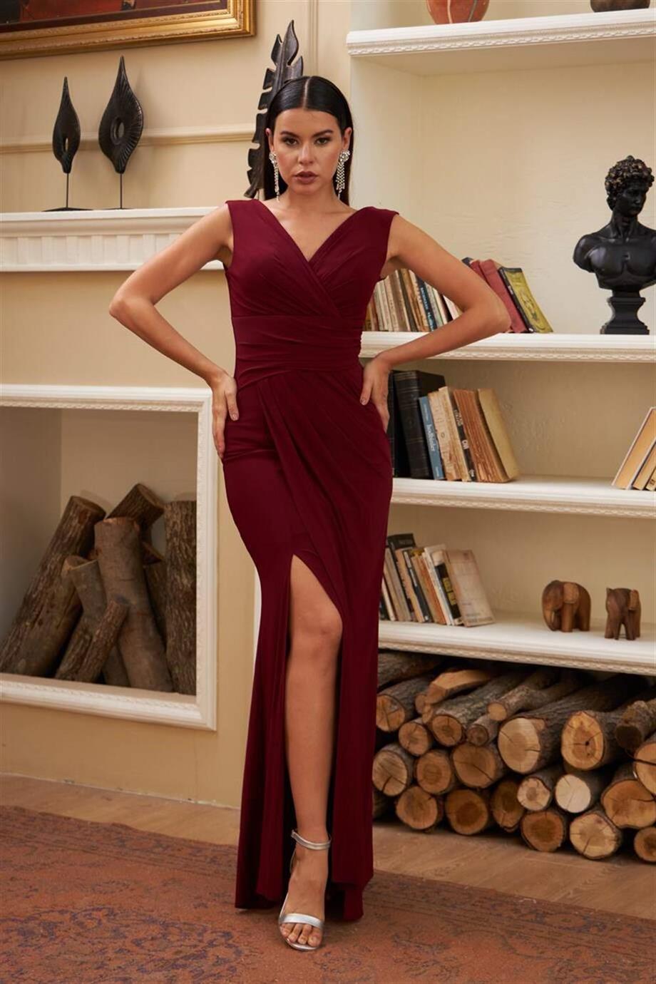 Bordo Sandy Yırtmaçlı Uzun Abiye Elbise