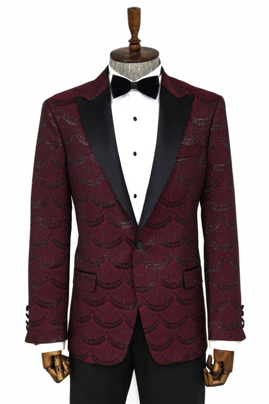 Bordo Simli Desenli Smokin Ceketi
