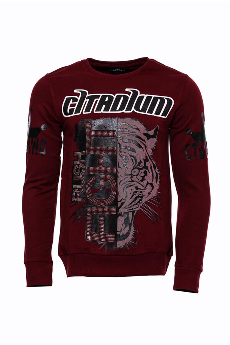 Bordo Taşlı Baskılı Sweatshirt
