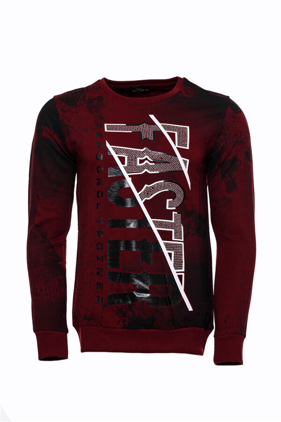 Bordo Taşlı Baskılı Sweatshirt