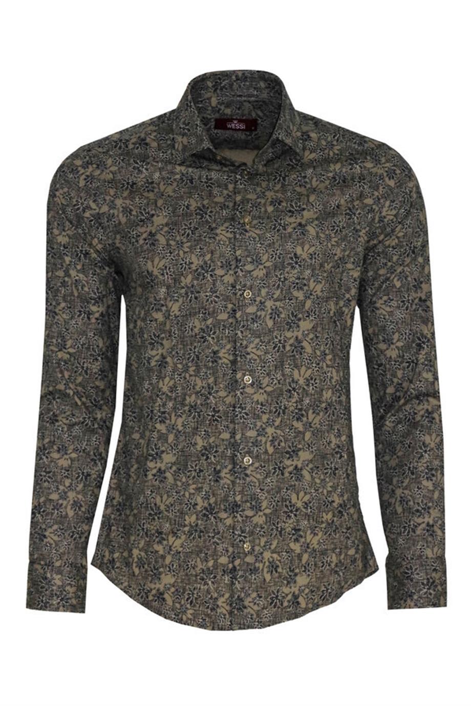 Çiçek Desenli Bej Slim Fit Gömlek