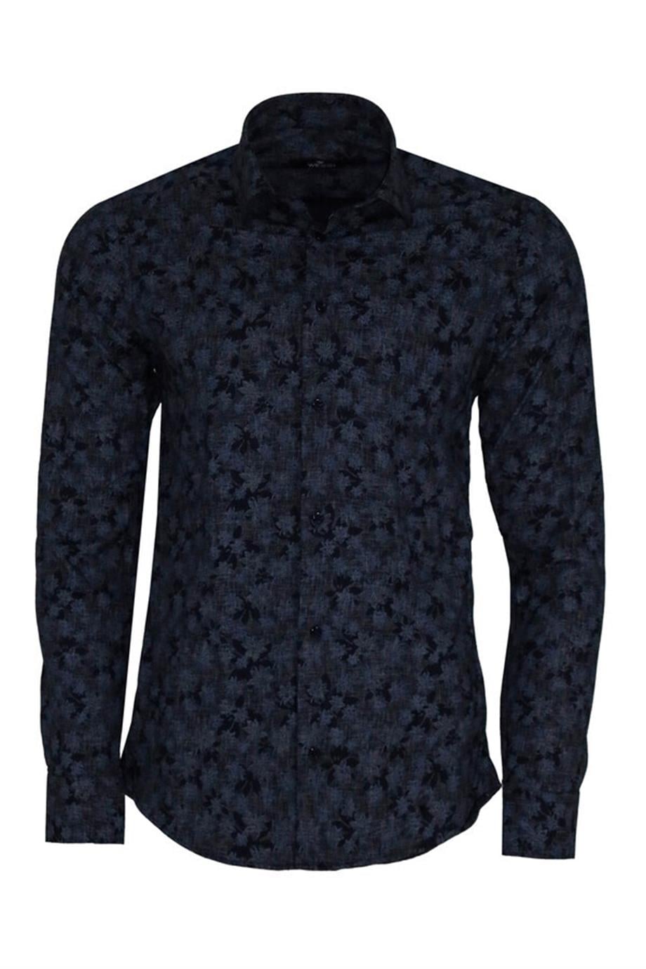 Çiçek Desenli Koyu Mavi Slim Fit Gömlek