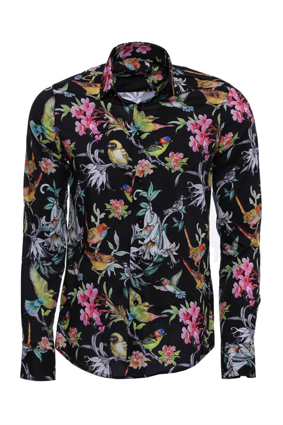Çiçek Ve Kuş Desenli Slim Fit Uzun Kollu Siyah Erkek Gömlek