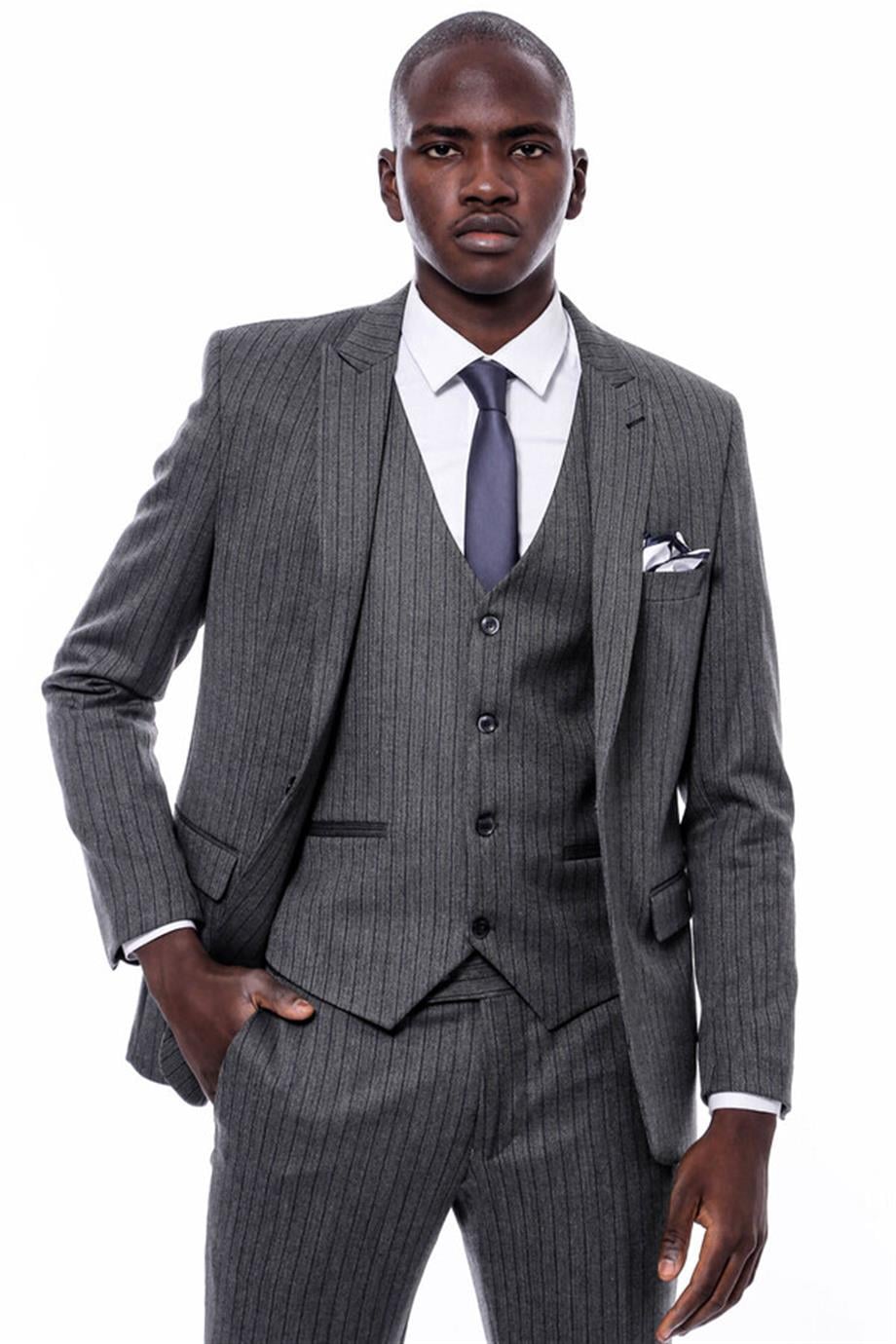 Çizgi Desen Yelekli Slim Fit Lacivert Takım Elbise