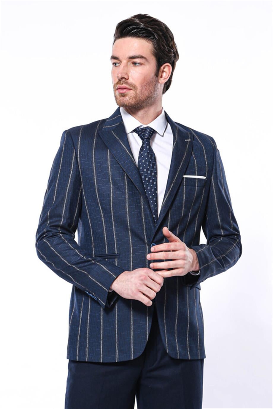Çizgili Açık Lacivert Slim Fit Ceket | Wessi