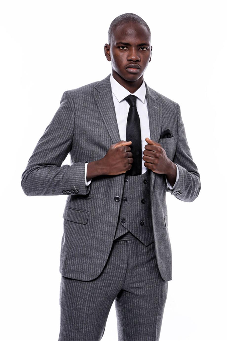 Çizgili Kruvaze Yelekli Gri Slim Fit Takım Elbise