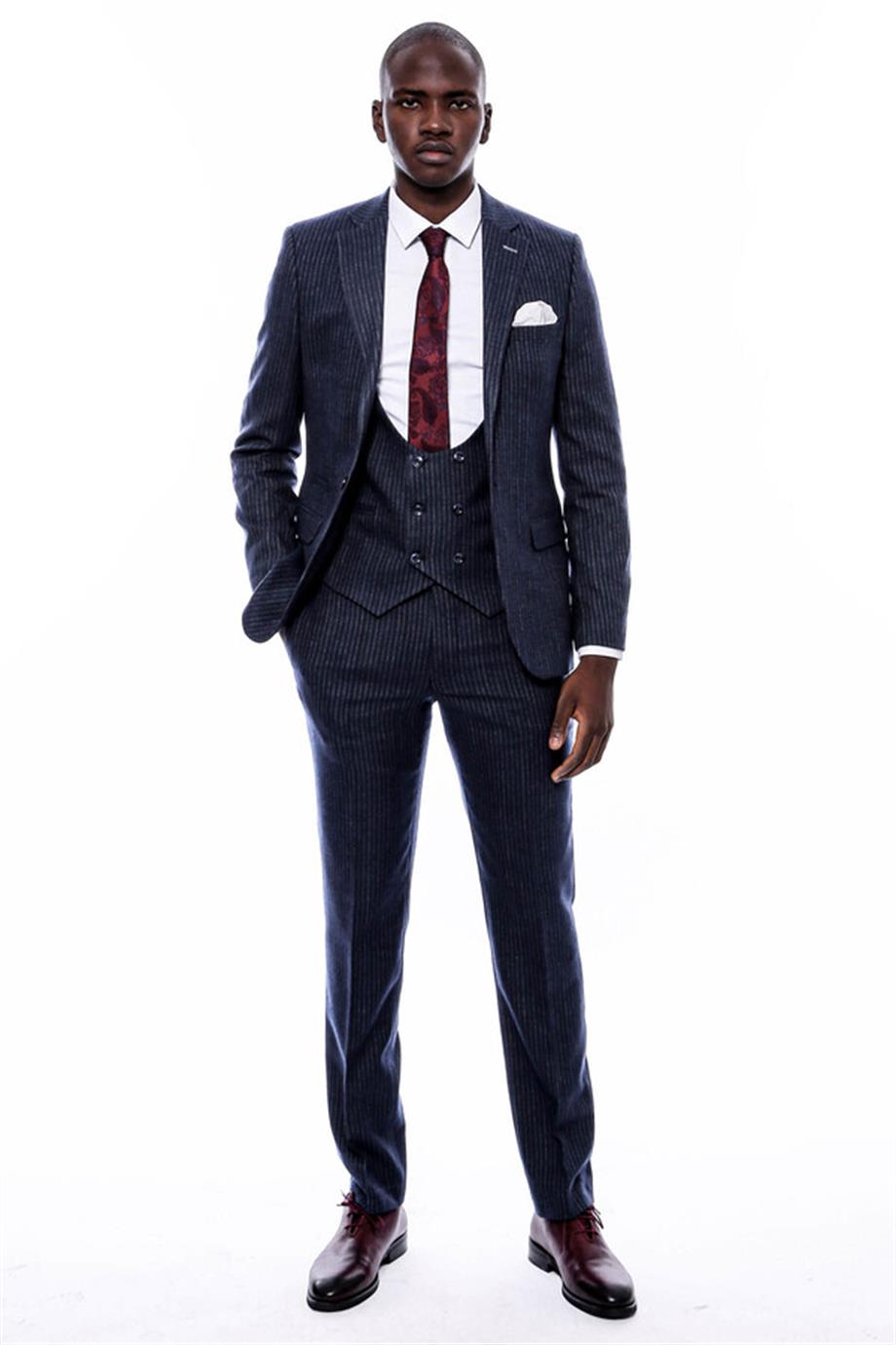 Çizgili Kruvaze Yelekli Lacivert Slim Fit Takım Elbise