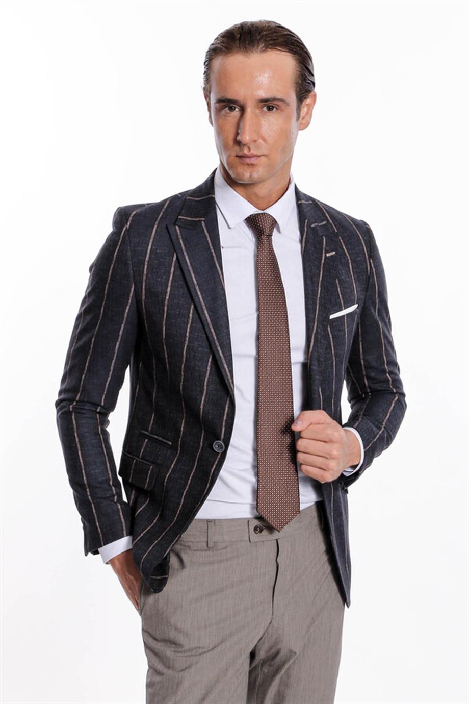 Çizgili Slim Fit Füme Erkek Ceket