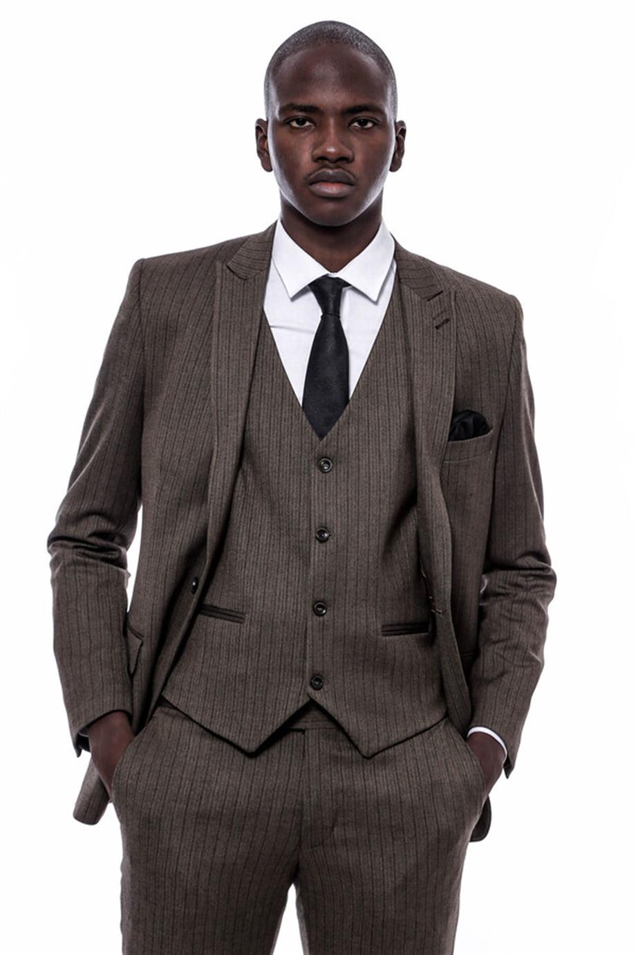 Çizgili Slim Fit Kahverengi Erkek Takım Elbise