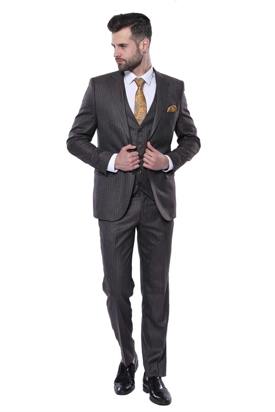 Çizgili Slim Fit Kahverengi Yelekli Takım Elbise | Wessi