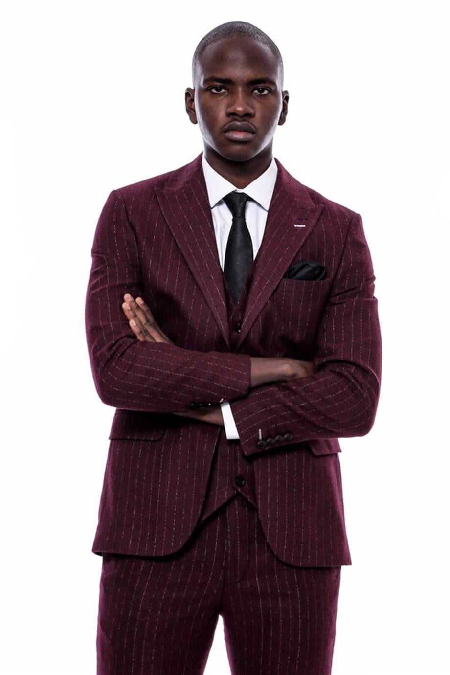 Çizgili Yelekli Bordo Slim Fit Takım Elbise