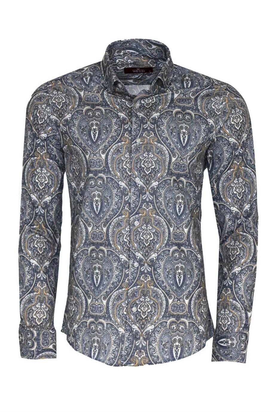 Damask Desenli Mavi Slim Fit Gömlek