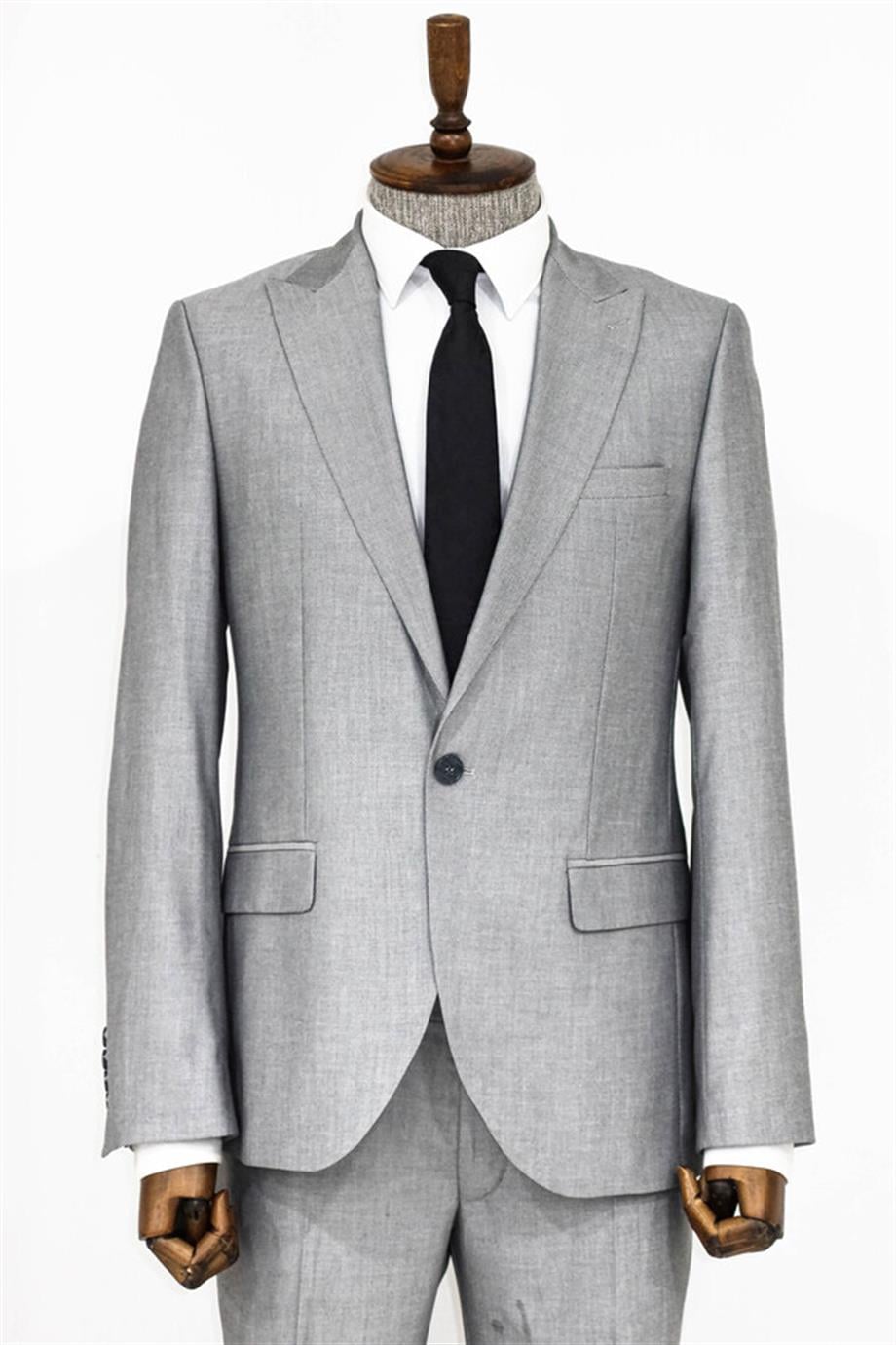 Desensiz İki Parça Slim Fit Gri Erkek Takım Elbise