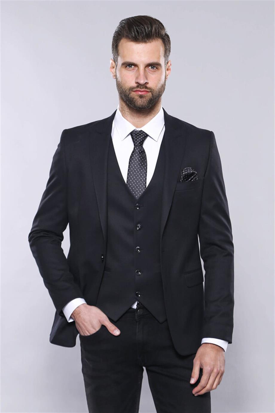 Düz Koyu Lacivert Slim Fit Ceket Yelek Set | Wessi