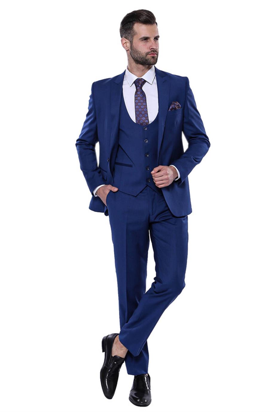 Düz Lacivert Sivri Yaka Slim Fit Yelekli Takım Elbise | Wessi
