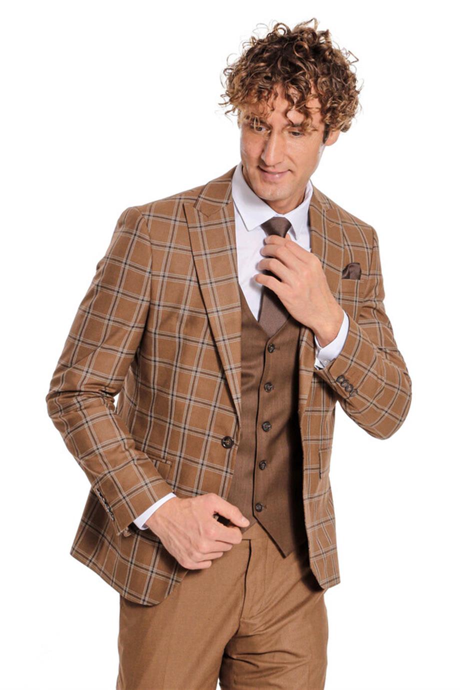 Ekose Ceketli Desenli Slim Fit Kahverengi Erkek Takım Elbise