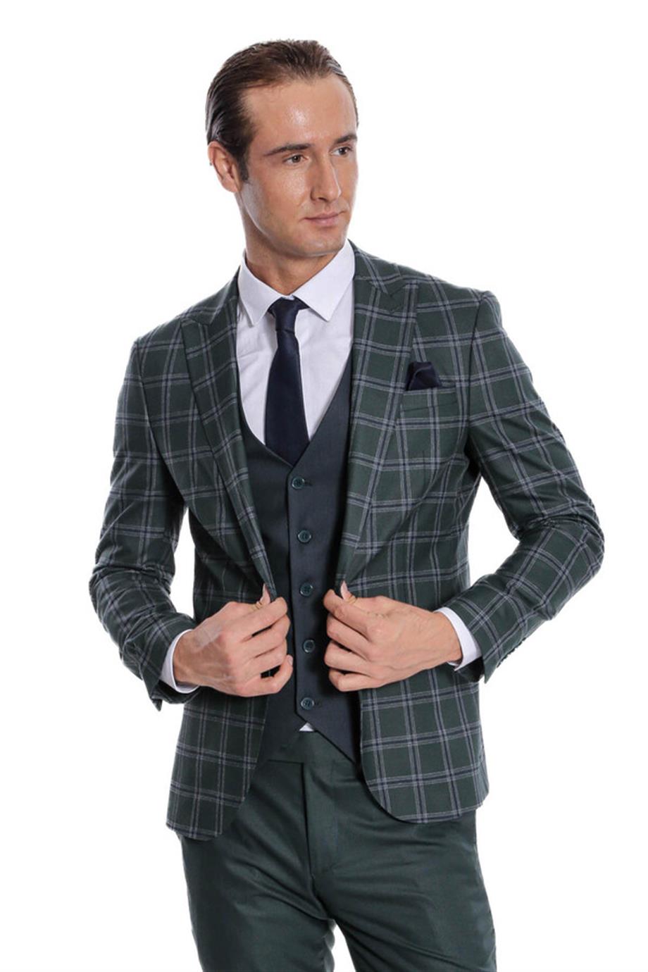 Ekose Ceketli Desenli Slim Fit Yeşil Erkek Takım Elbise