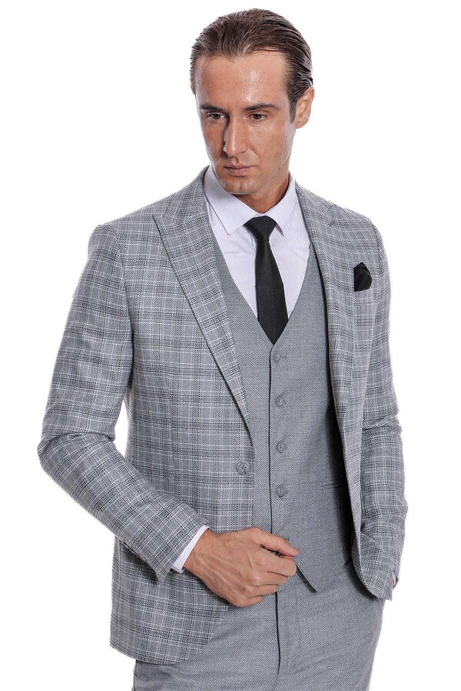Ekose Ceketli Slim Fit Açık Gri Erkek Takım Elbise