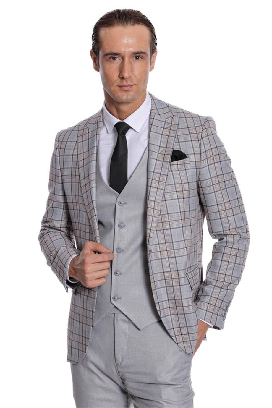 Ekose Ceketli Slim Fit Açık Gri Erkek Takım Elbise