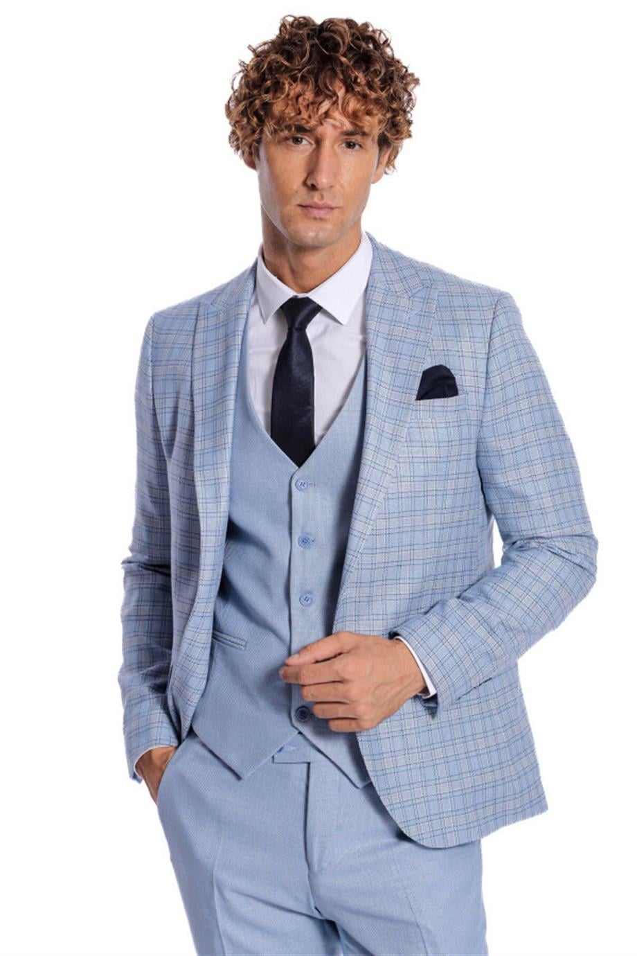 Ekose Ceketli Slim Fit Açık Mavi Erkek Takım Elbise