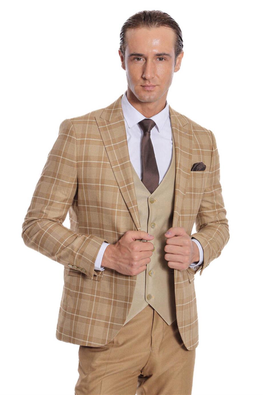 Ekose Ceketli Slim Fit Bej Erkek Takım Elbise