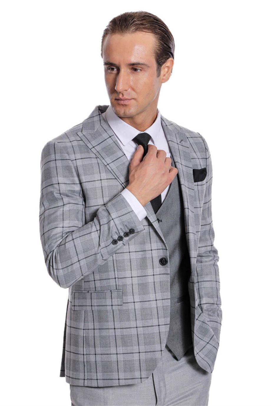 Ekose Ceketli Slim Fit Gri Erkek Takım Elbise