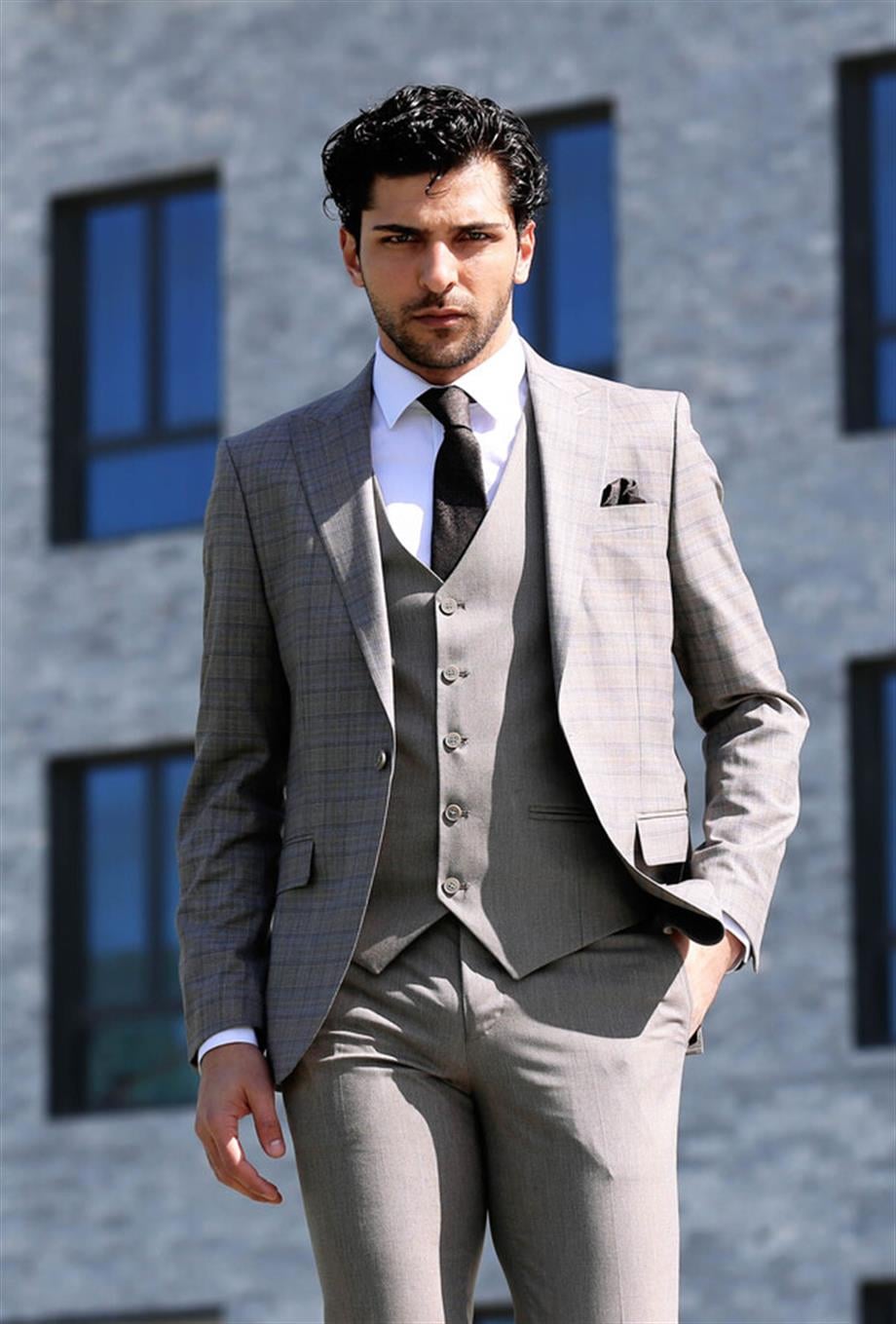 Ekose Ceketli Slim Fit Gri Erkek Takım Elbise