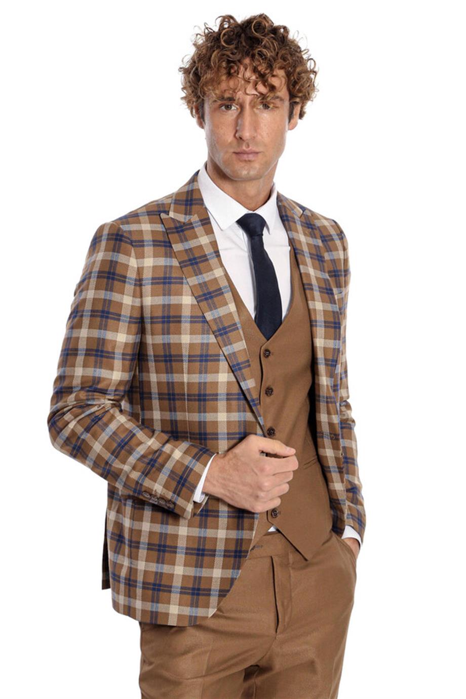 Ekose Ceketli Slim Fit Kahverengi Erkek Takım Elbise