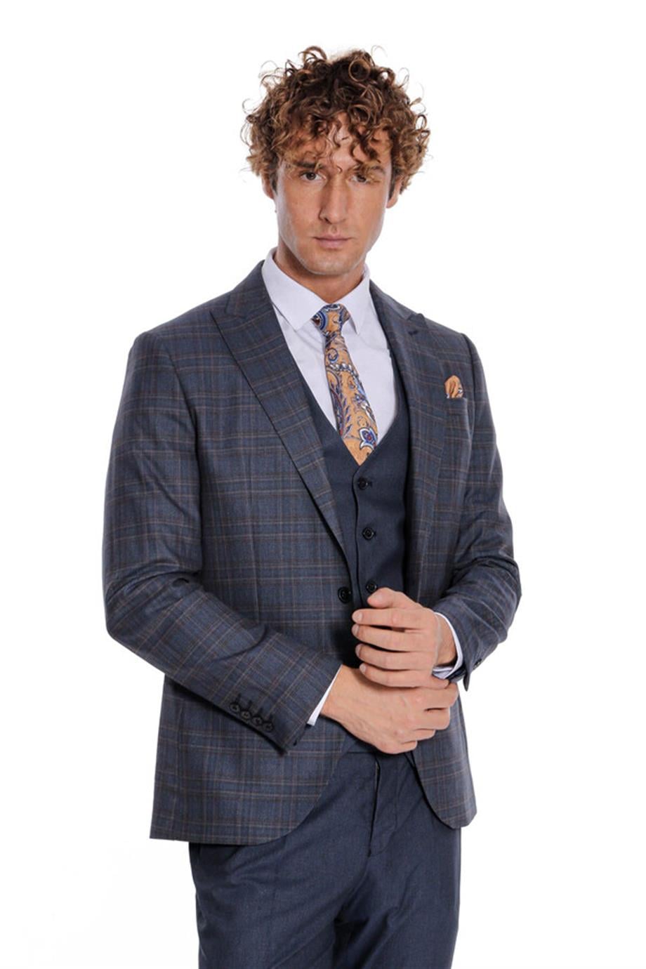 Ekose Ceketli Slim Fit Lacivert Erkek Takım Elbise
