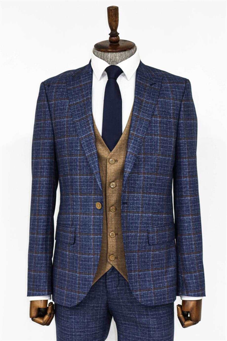 Ekose Ceketli Slim Fit Lacivert Erkek Takım Elbise