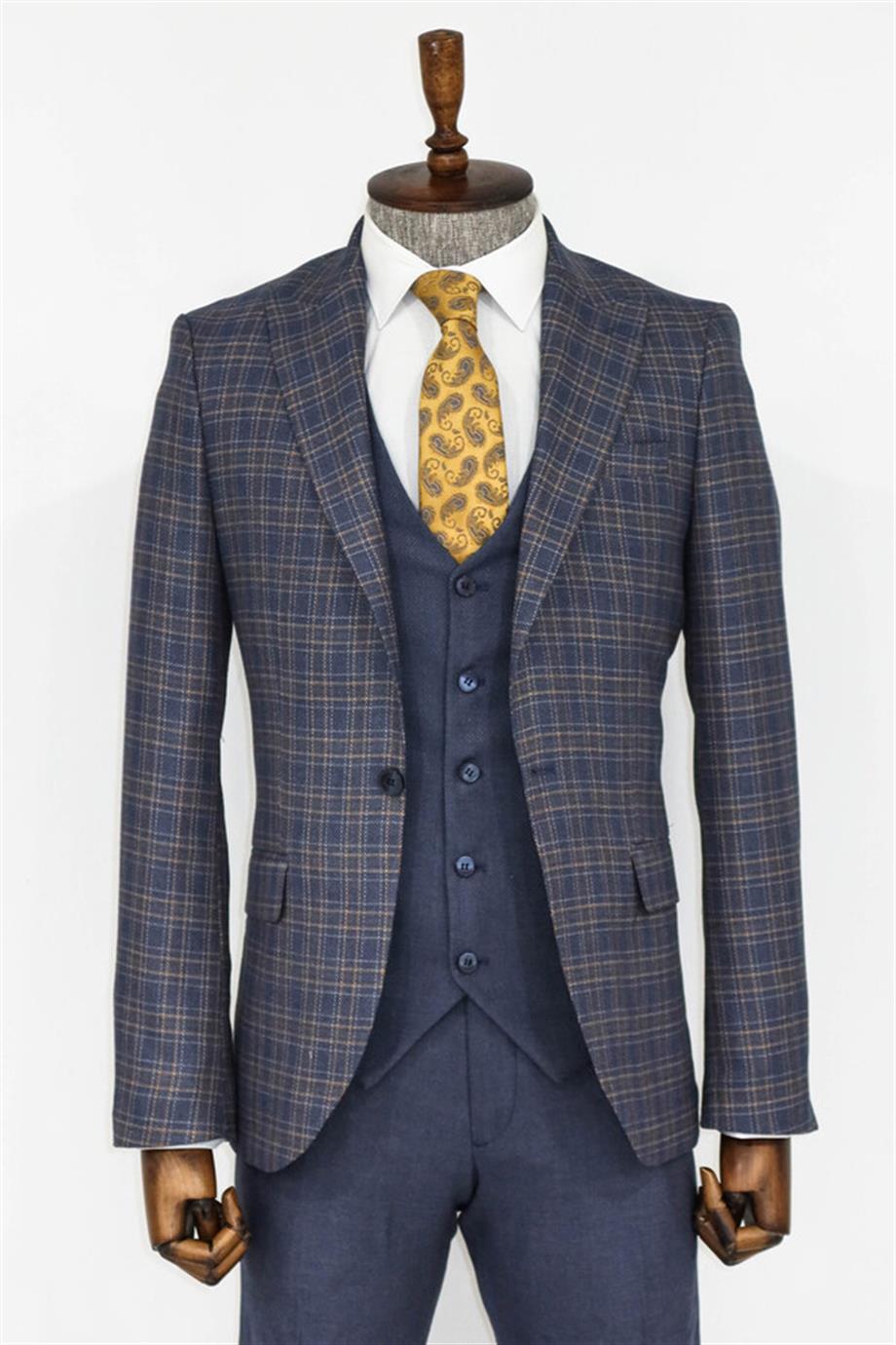 Ekose Ceketli Slim Fit Mavi Erkek Takım Elbise