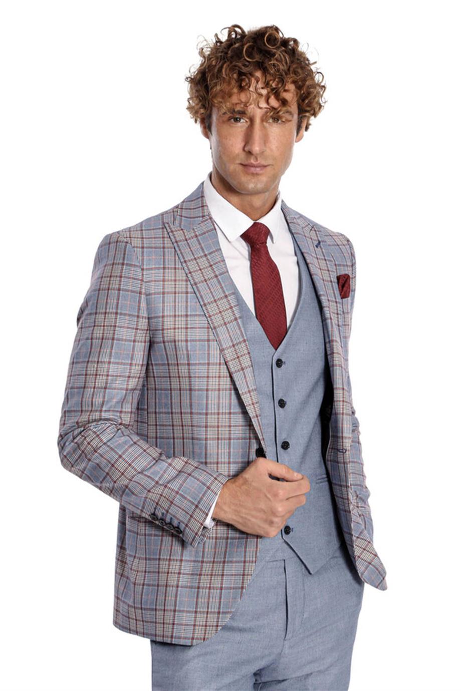 Ekose Ceketli Slim Fit Mavi Erkek Takım Elbise