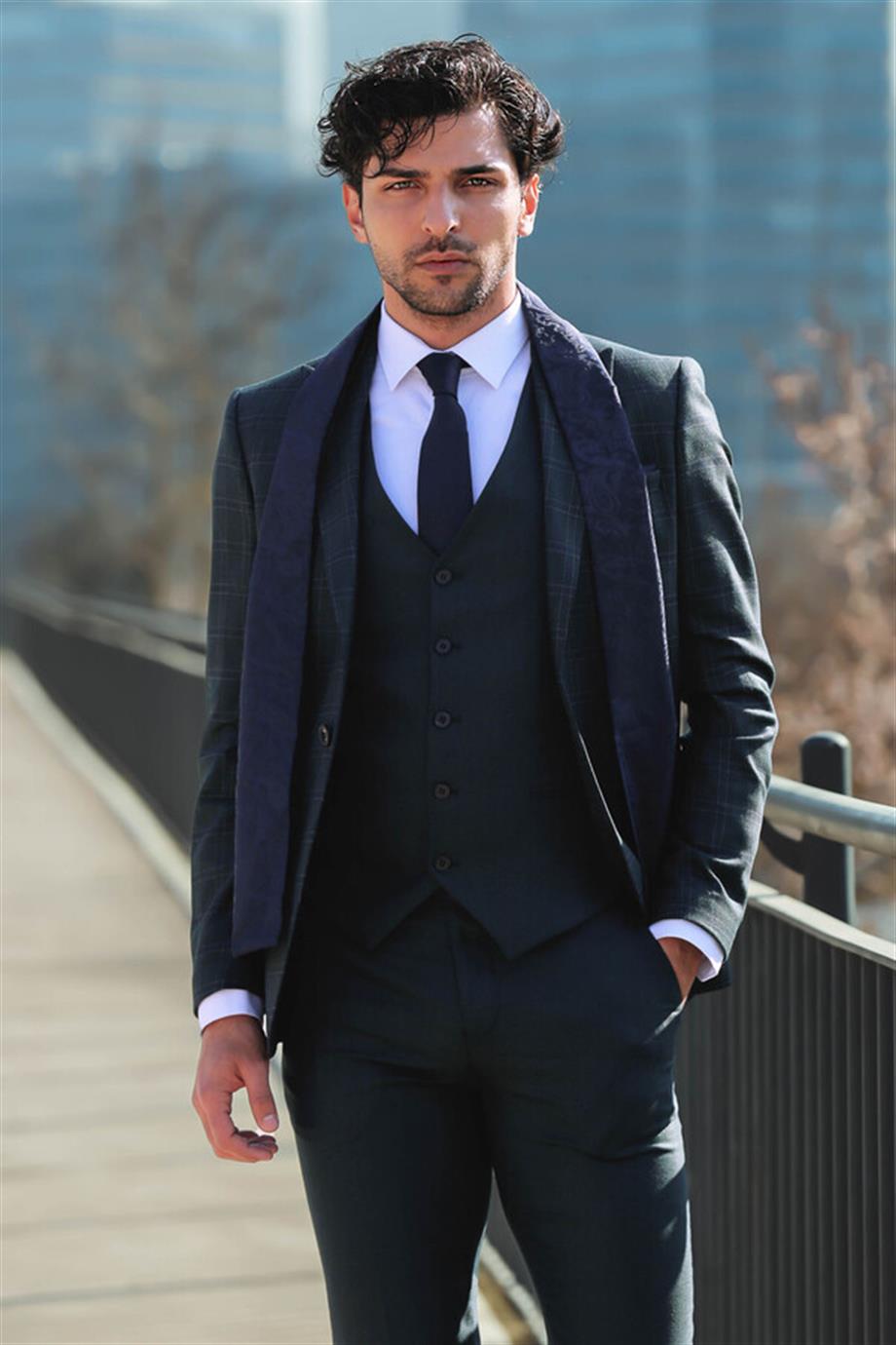 Ekose Ceketli Slim Fit Yeşil Erkek Takım Elbise