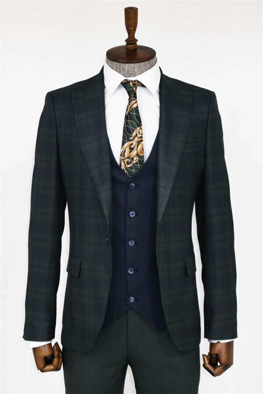 Ekose Ceketli Yeşil Slim Fit Takım Elbise