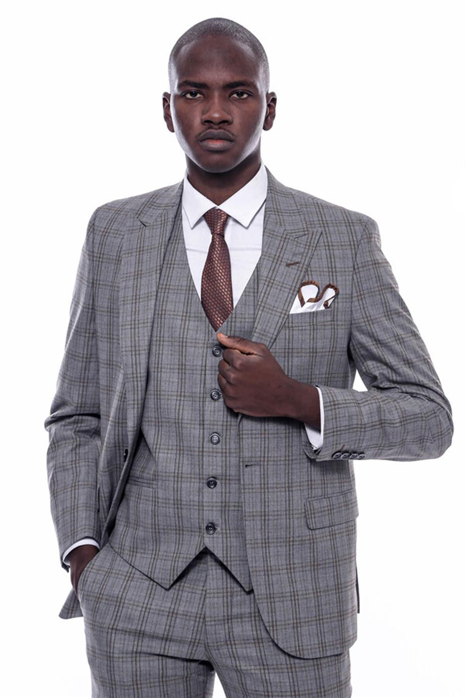 Ekose Desen Slim Fit Gri Erkek Takım Elbise