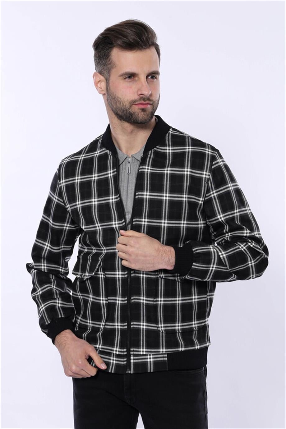 Ekose Desenli Siyah Bomber Mont | Wessi