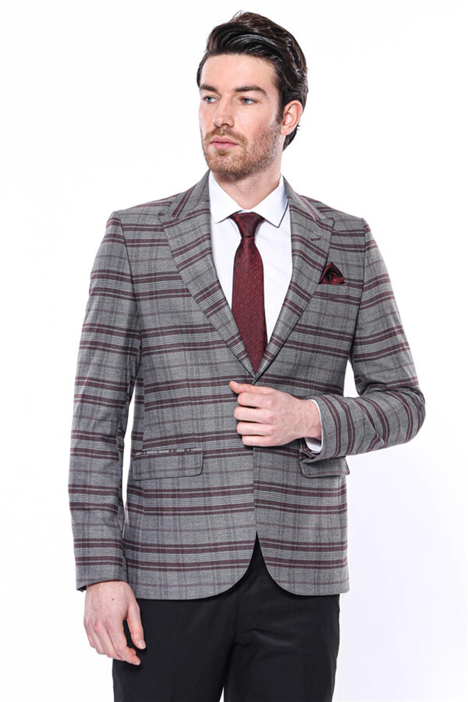 Ekose Desenli Slim Fit Bordo Erkek Ceket