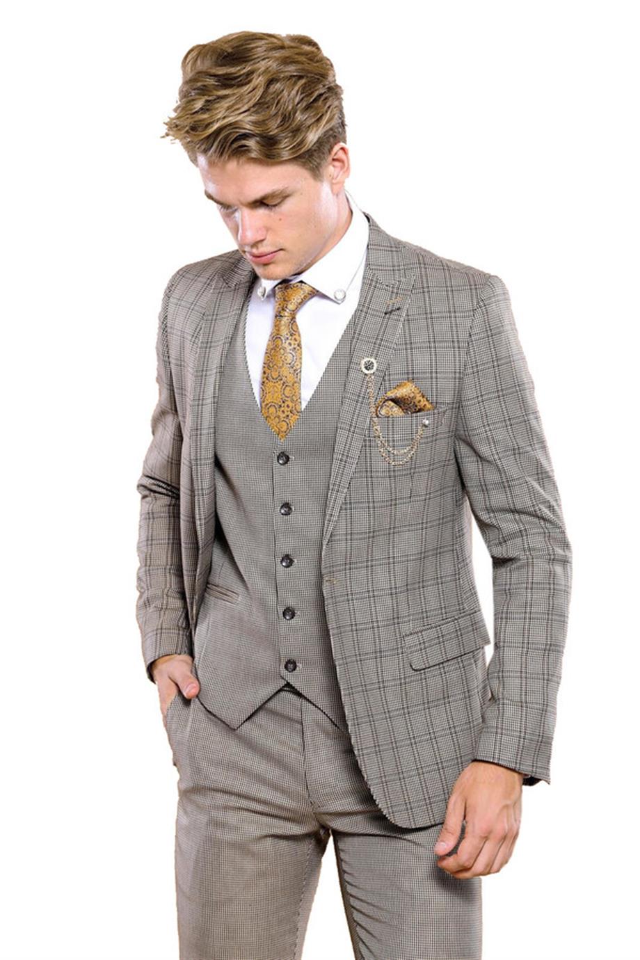Ekose Kahverengi Yelekli Slim Fit Spor Takım Elbise | Wessi