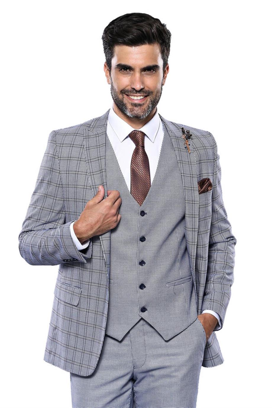 Ekose Mavi Desen Slim Fit Yelekli Takım Elbise | Wessi