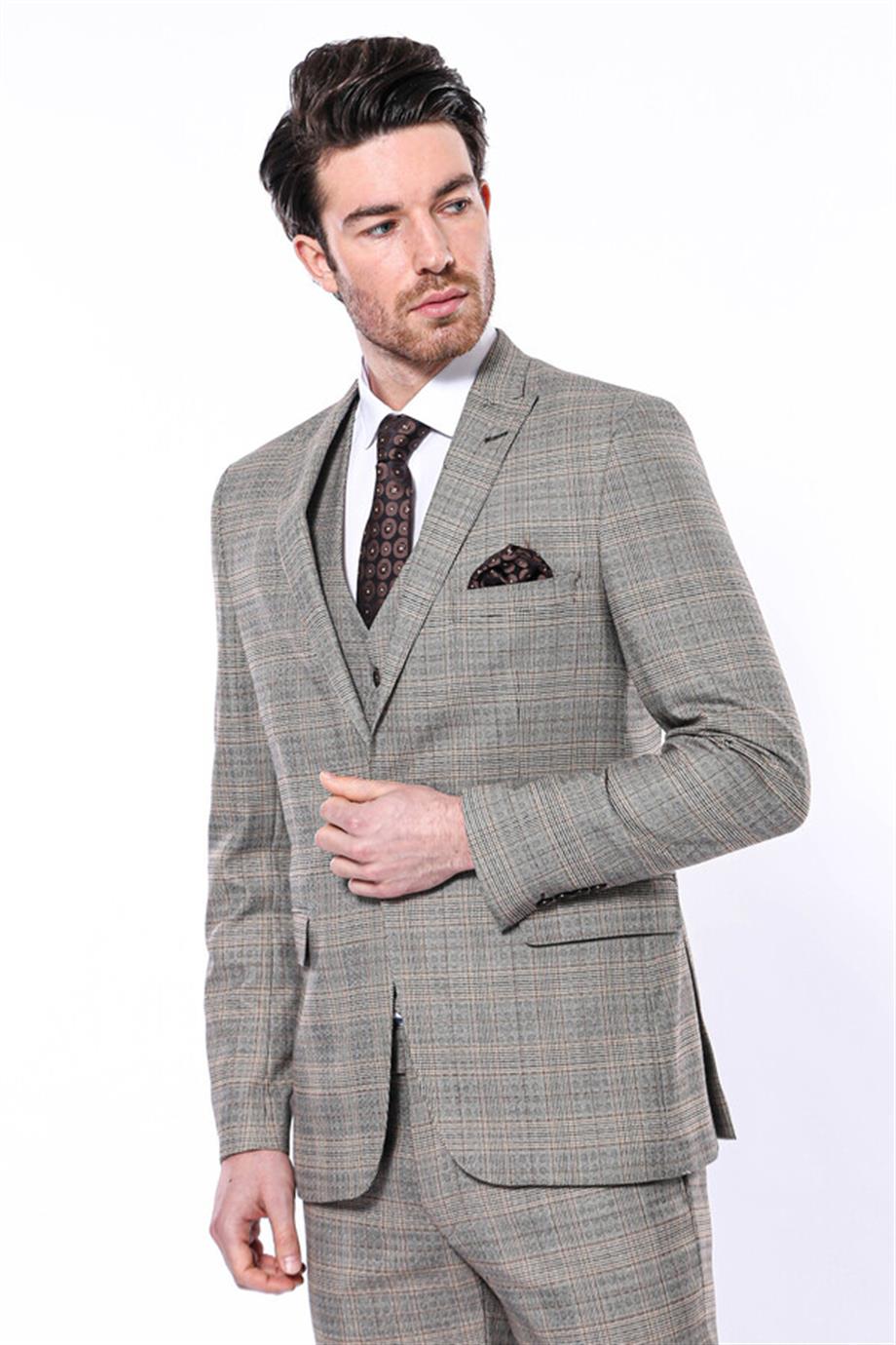 Ekose Slim Fit Bej Erkek Ceket