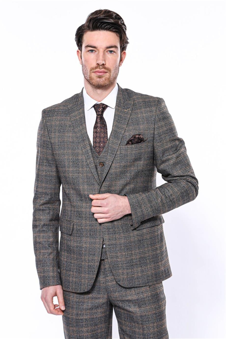 Ekose Slim Fit Füme Erkek Ceket