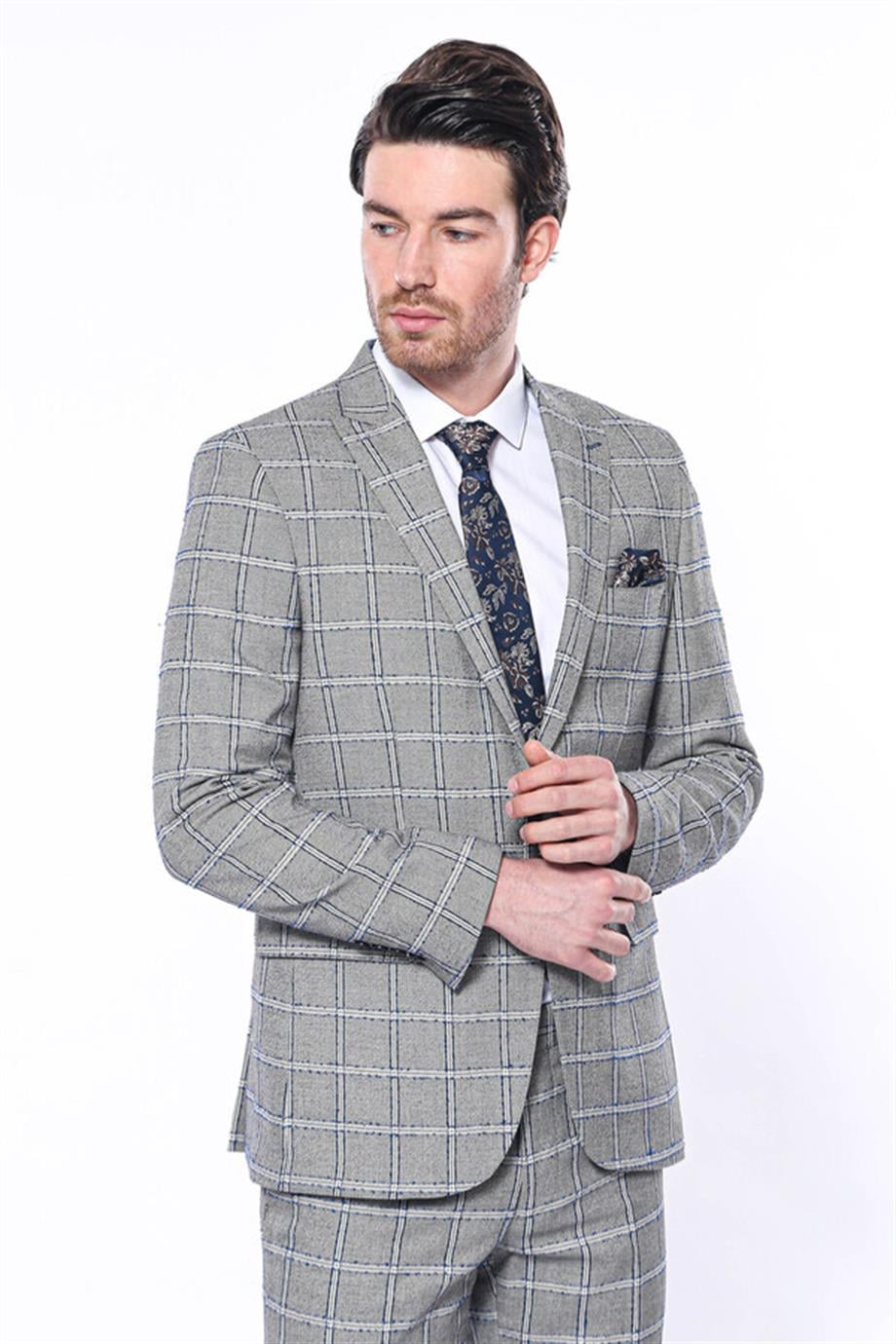 Ekose Slim Fit Gri Erkek Ceket