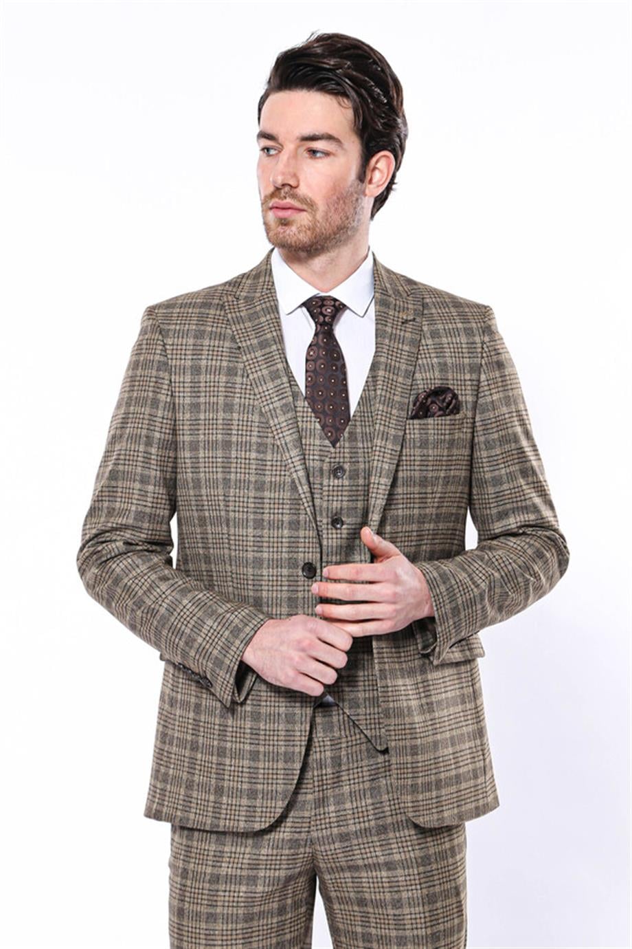 Ekose Slim Fit Kahverengi Erkek Ceket