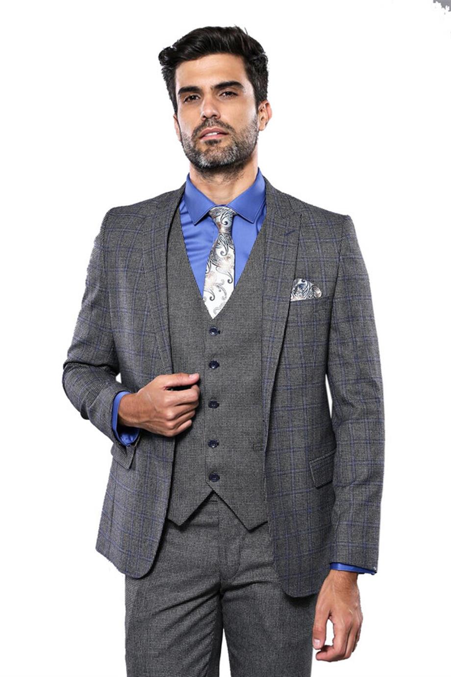 Ekose Slim Fit Siyah-Gri Yelekli Spor Takım Elbise