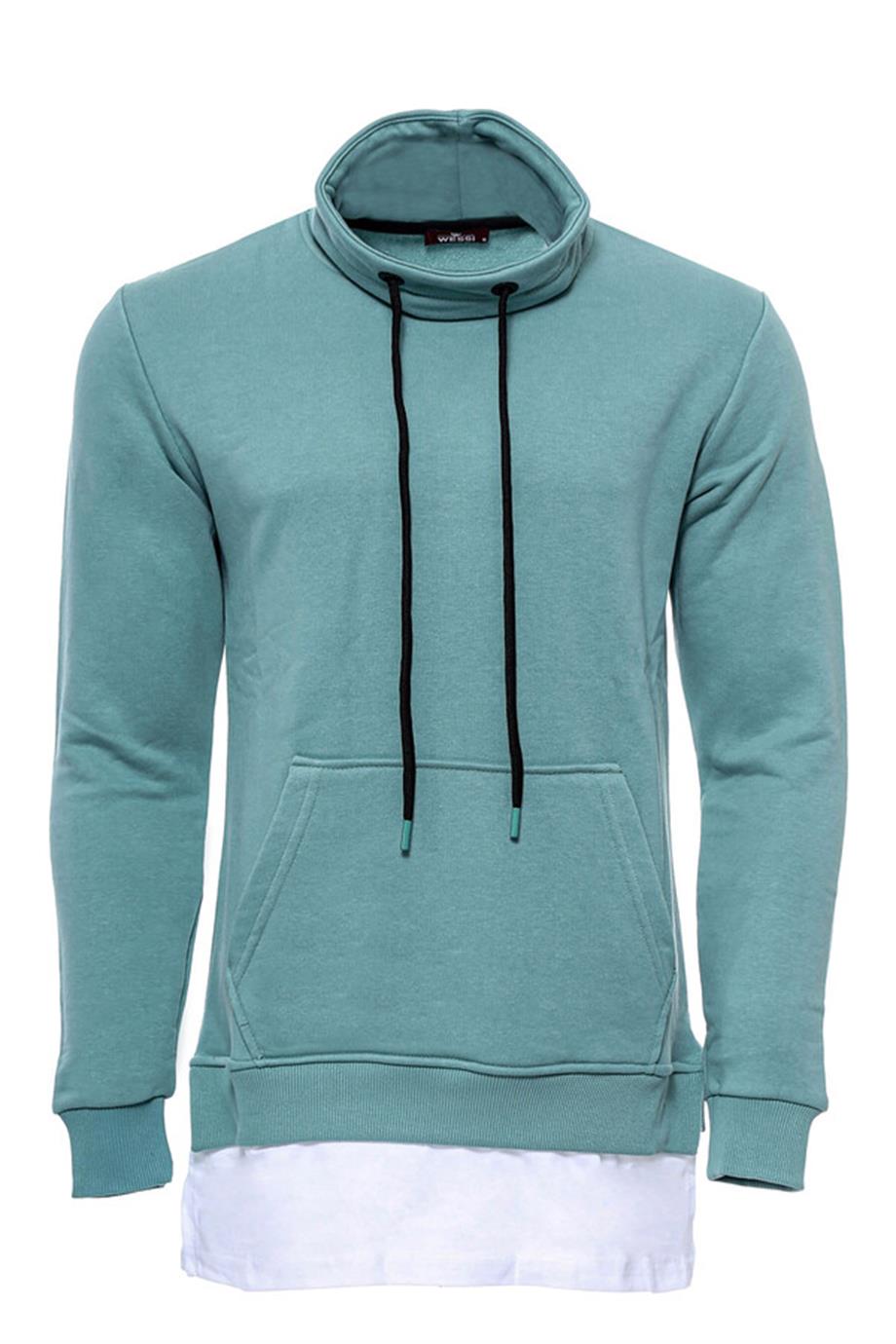 Erkek Şal Yaka T-shirt Detaylı Yeşil Sweatshirt