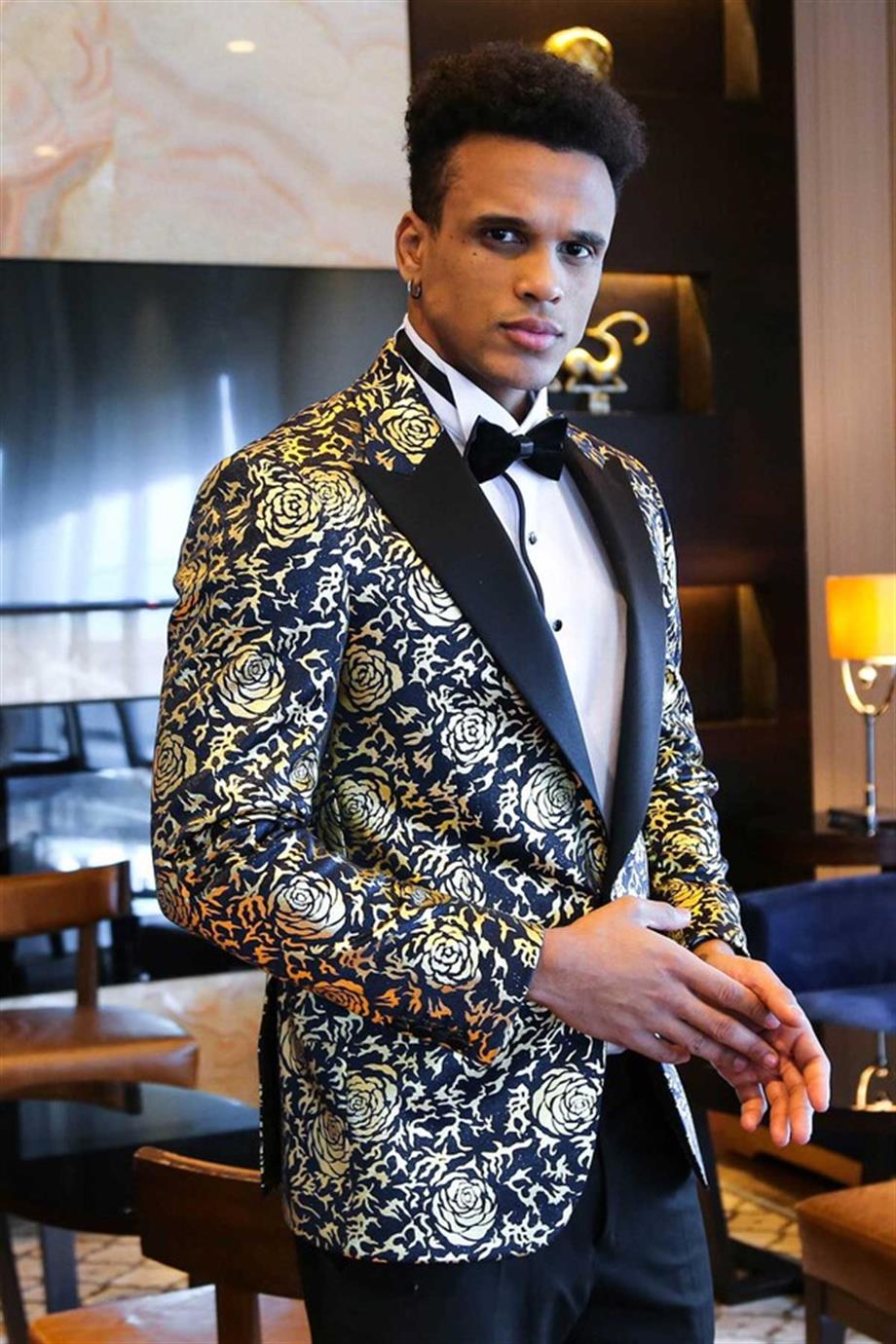 Gold Gül Desenli Slim Fit Lacivert Erkek Smokin Ceket