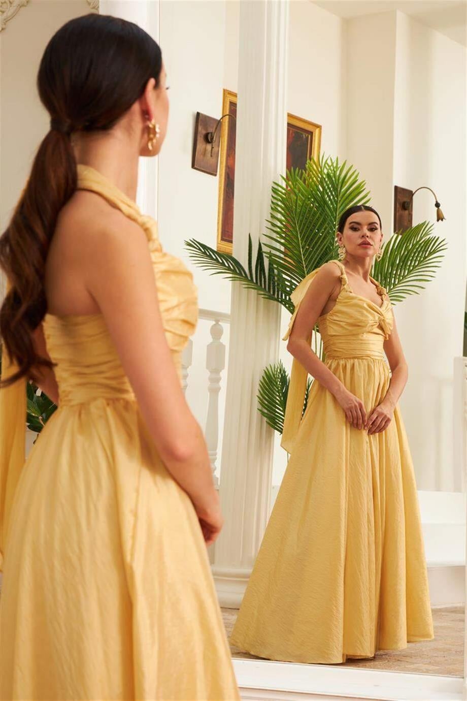 Gold Tafta Uzun Abiye Elbise