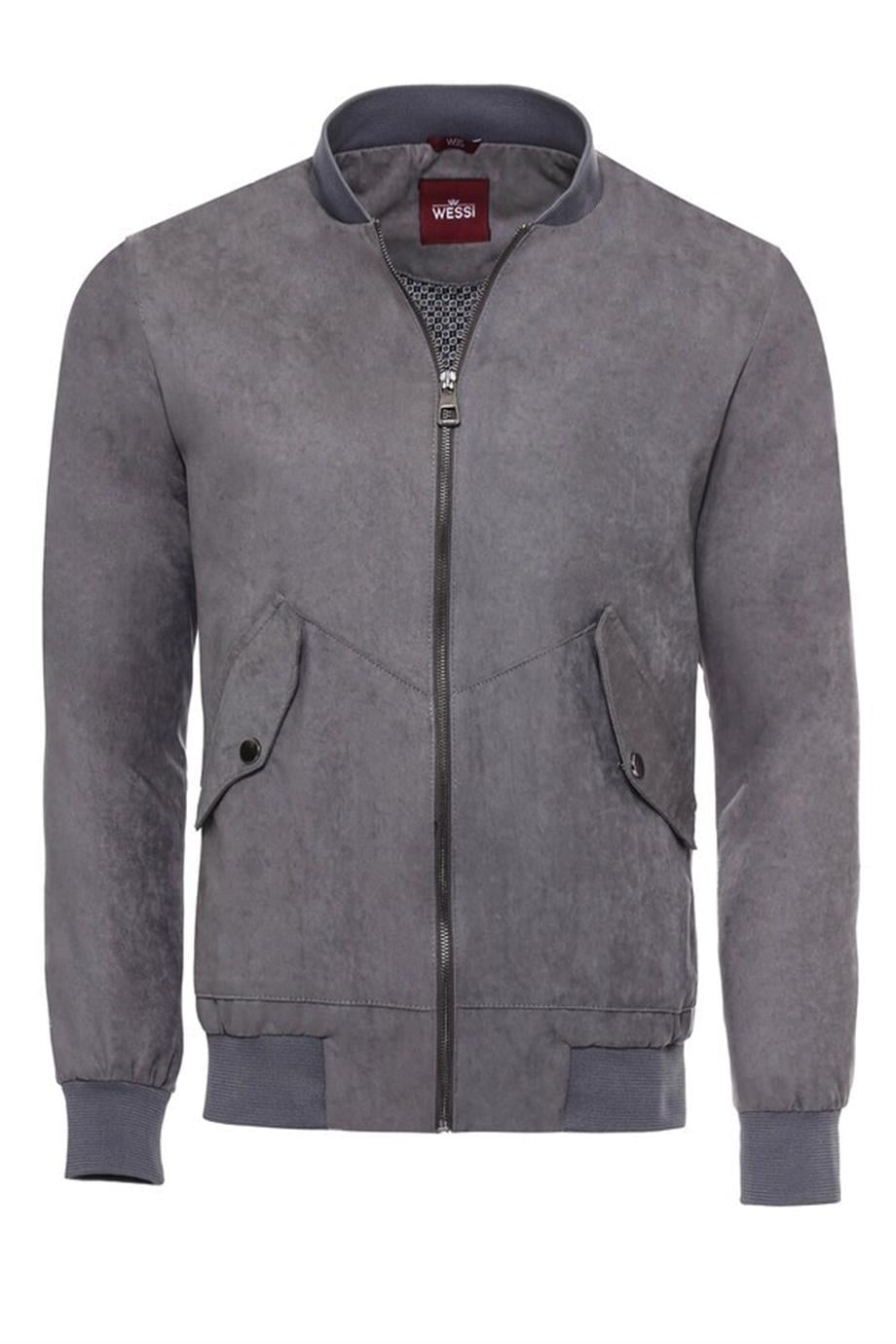 Gri Cepli Süet Bomber Mont